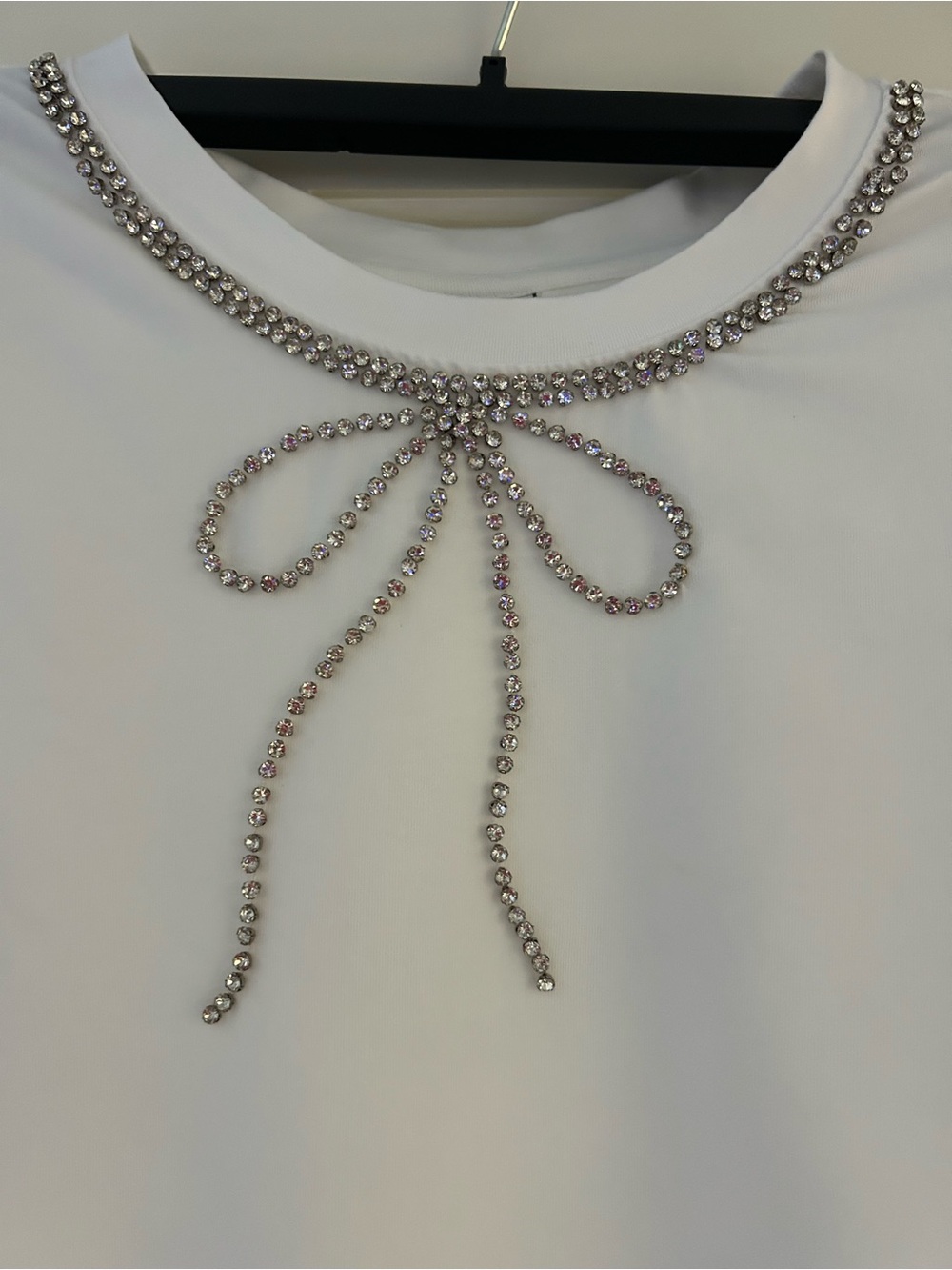 a new day White Short Sleeve Top with Rhinestone Bow Accent